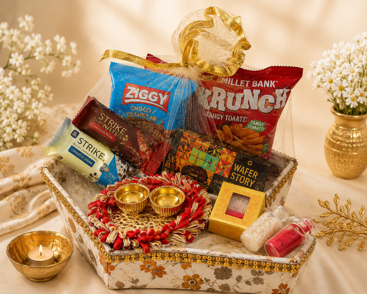 Festive Floral Gift Hamper with Roli Chawal and Handcrafted Thali