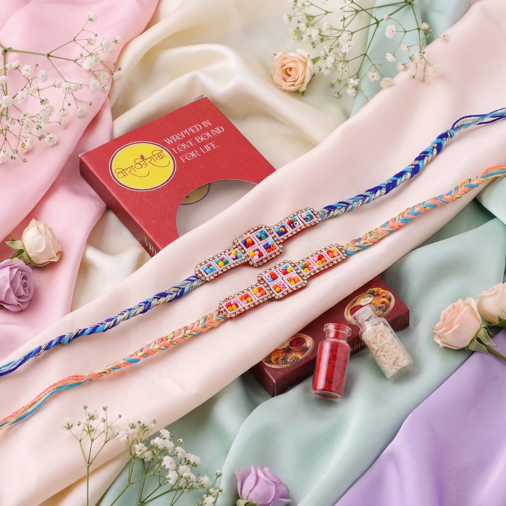 Beaded Rhinestone Panel Rakhi Combo - Pack of 2 | Need Asthetic background in pastel range , only highlight both producut in pastel background , highly enaging and convertible i need this all three attached ima