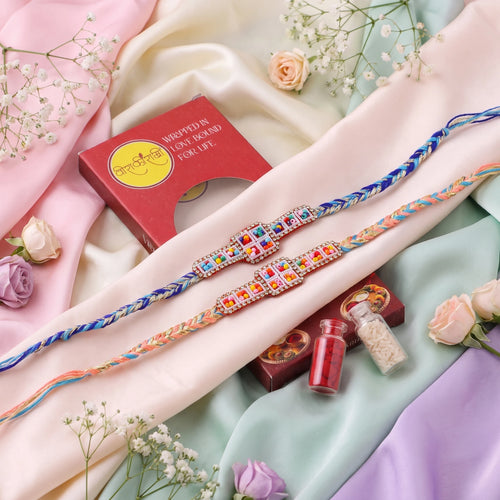 Beaded Rhinestone Panel Rakhi Combo - Pack of 2 | Need Asthetic background in pastel range , only highlight both producut in pastel background , highly enaging and convertible i need this all three attached ima