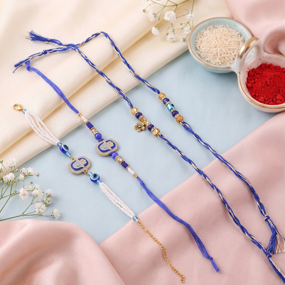 Blue Evil Eye Meenakari Bhai Bhabhi Couple Rakhi Set – Pack of 2 | Raksha Bandhan Rakhi with Matching Lumba | Blue Evil Eye Meenakari Bhai Bhabhi Couple Rakhi Set Pack of 2 | Veera Ki Rakhi