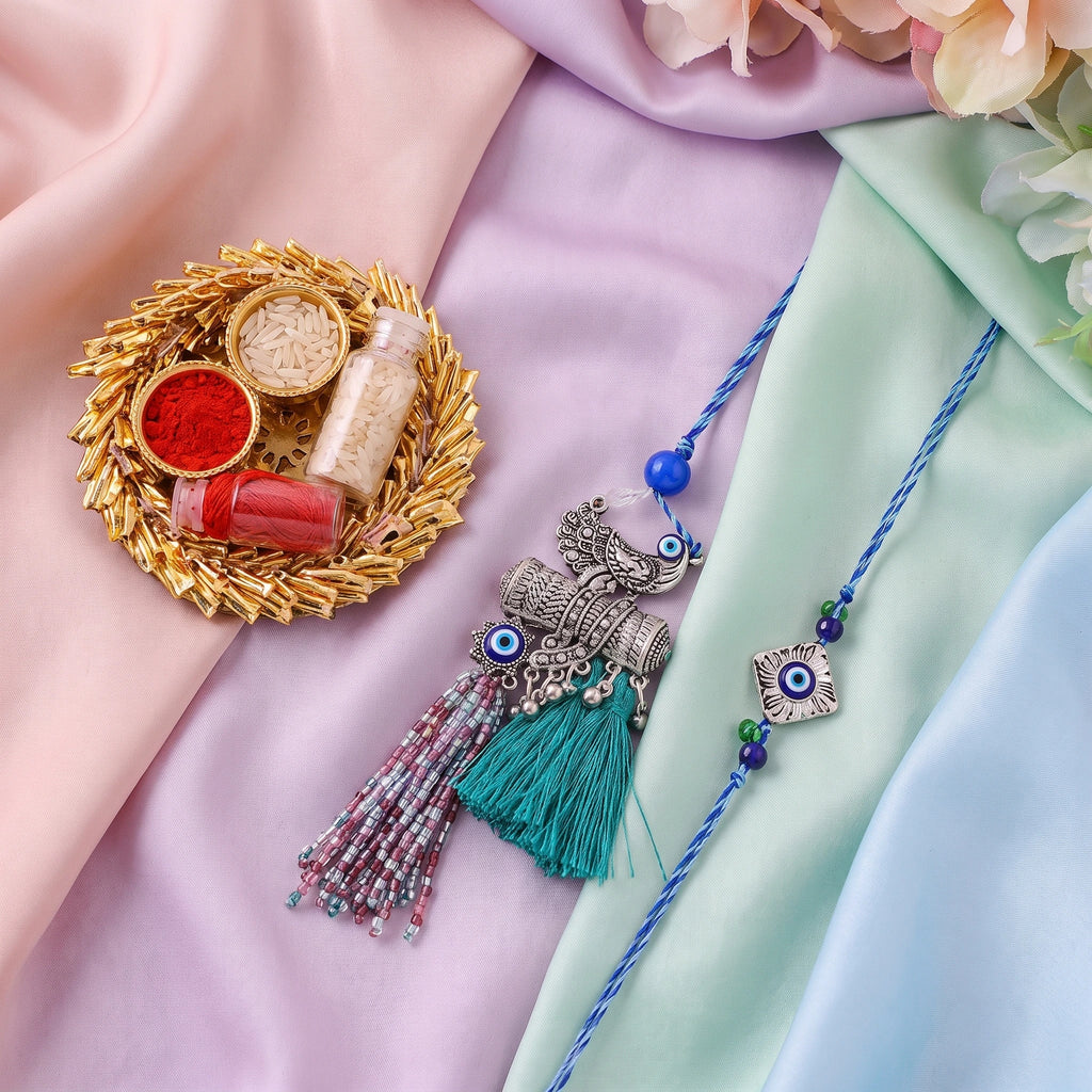 Blue Peacock Tassel Lumba Rakhi Set | Blue Peacock Tassel Lumba Rakhi Set | Veera Ki Rakhi