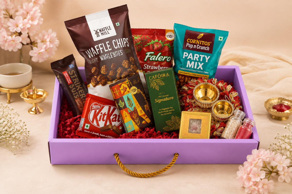 Chocolate & Snacks Gift Hamper with Roli Chawal and Handcrafted Thali