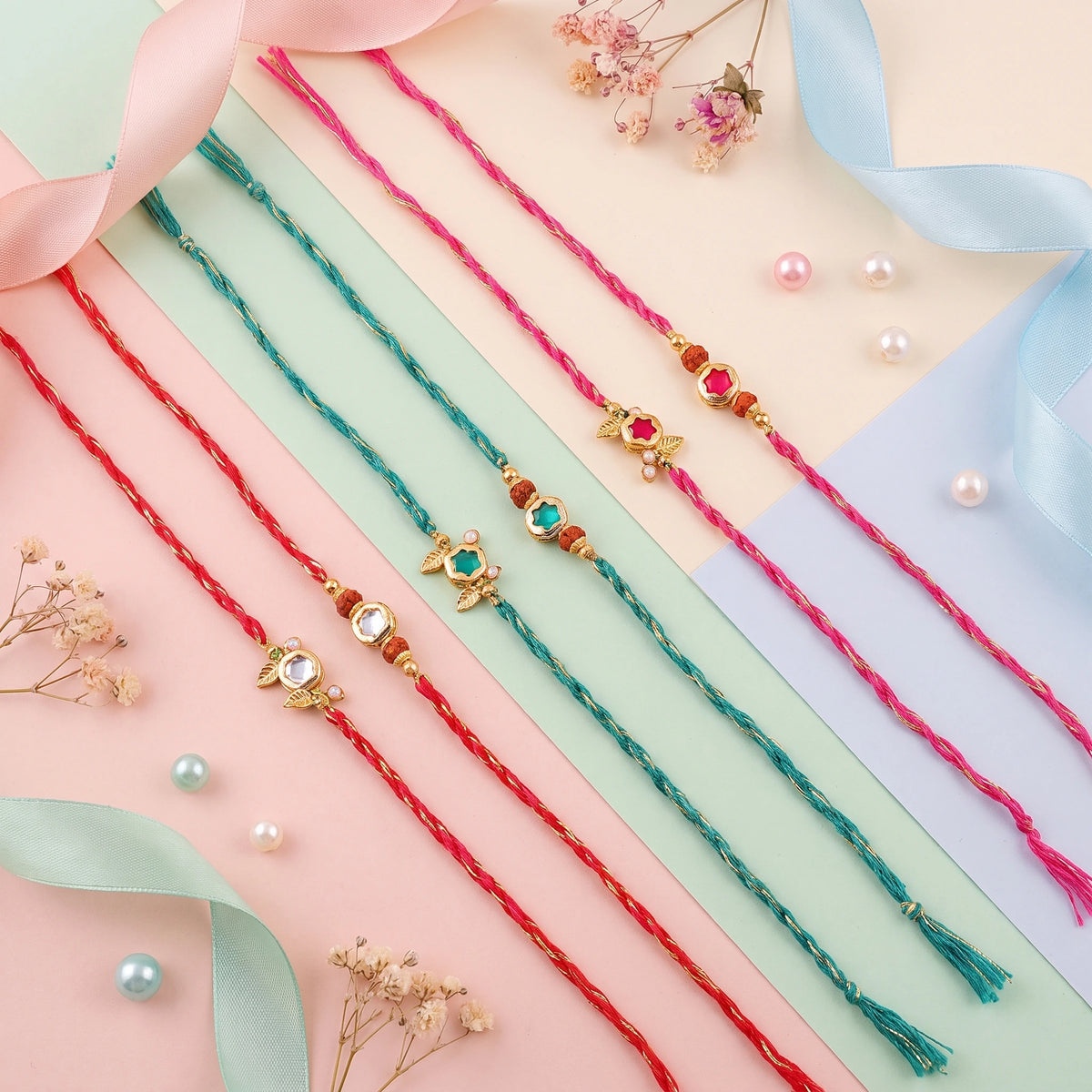 Delicate Kundan Floral Bhai Bhabhi Couple Rakhi Set – Pack of 3 | Raksha Bandhan Rakhi with Matching Lumba | Delicate Kundan Floral Bhai Bhabhi Couple Rakhi Set Pack of 3 | Veera Ki Rakhi