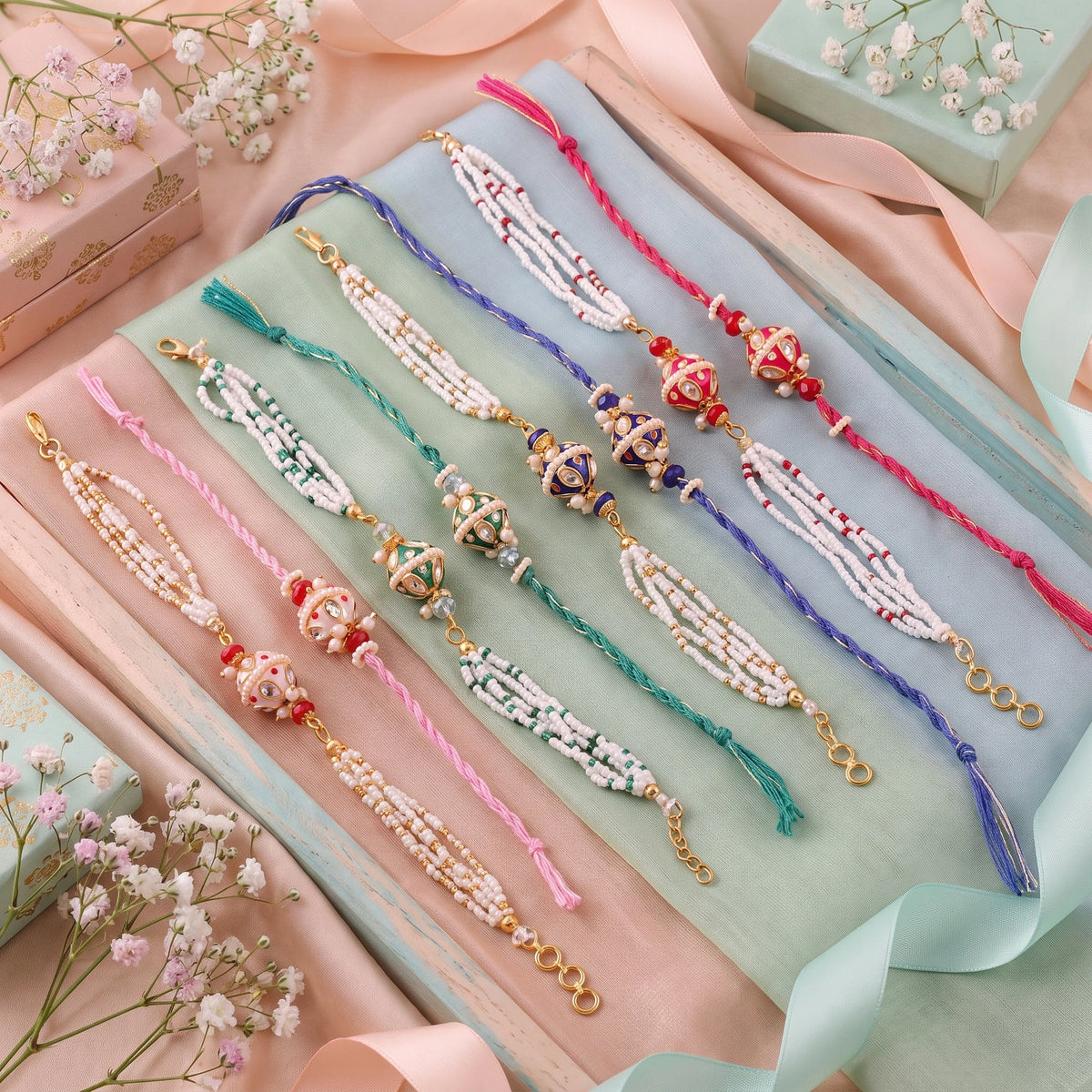 Meenakari Bead Lumba Bhai Bhabhi Couple Rakhi Set – Pack of 4 | Raksha Bandhan Rakhi with Matching Lumba | Meenakari Bead Lumba Bhai Bhabhi Couple Rakhi Set Pack of 4 | Veera Ki Rakhi