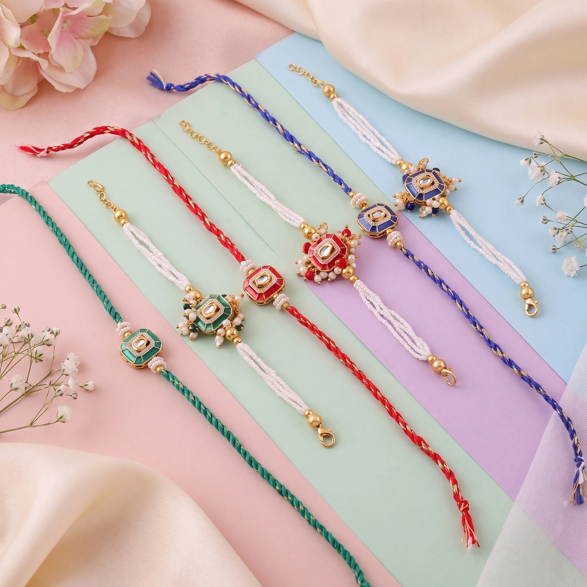 Meenakari Pearl Strand Bhai Bhabhi Couple Rakhi Set – Pack of 3 | Raksha Bandhan Rakhi with Matching Lumba | Meenakari Pearl Strand Bhai Bhabhi Couple Rakhi Set Pack of 3 | Veera Ki Rakhi