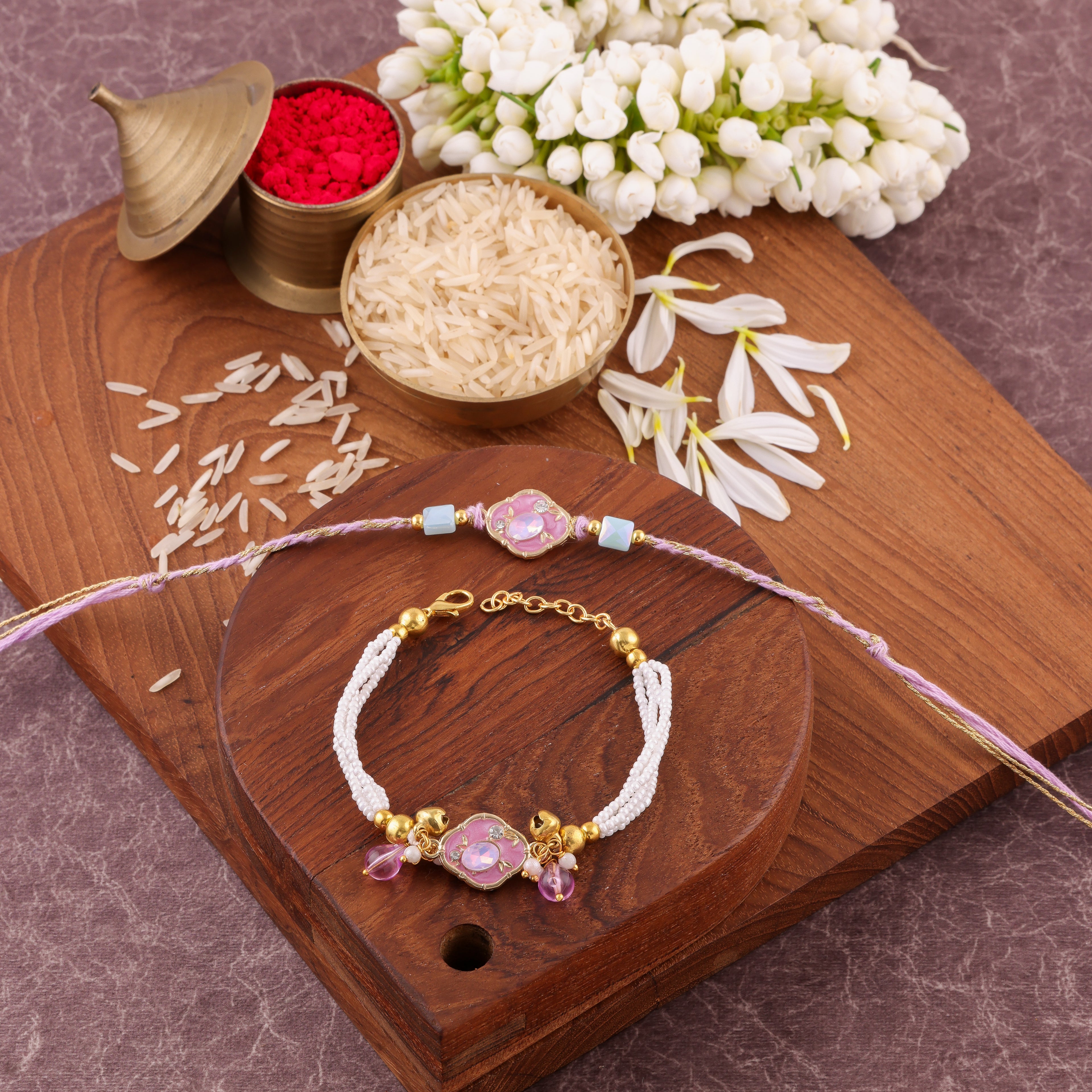 Premium Moti Handcrafted  Bhaiya Bhabhi Rakhi Set