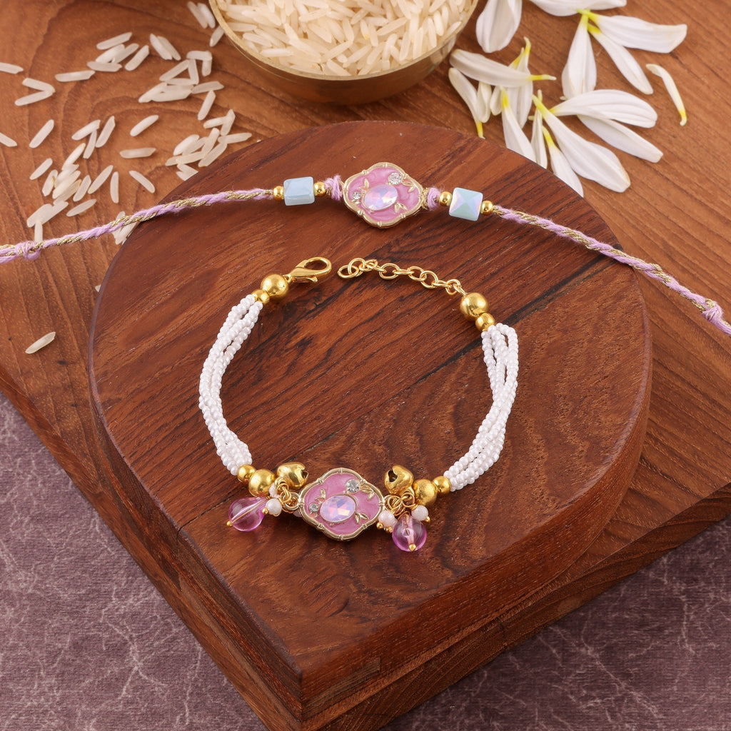 Premium Moti Handcrafted Bhaiya Bhabhi Rakhi Set zoom