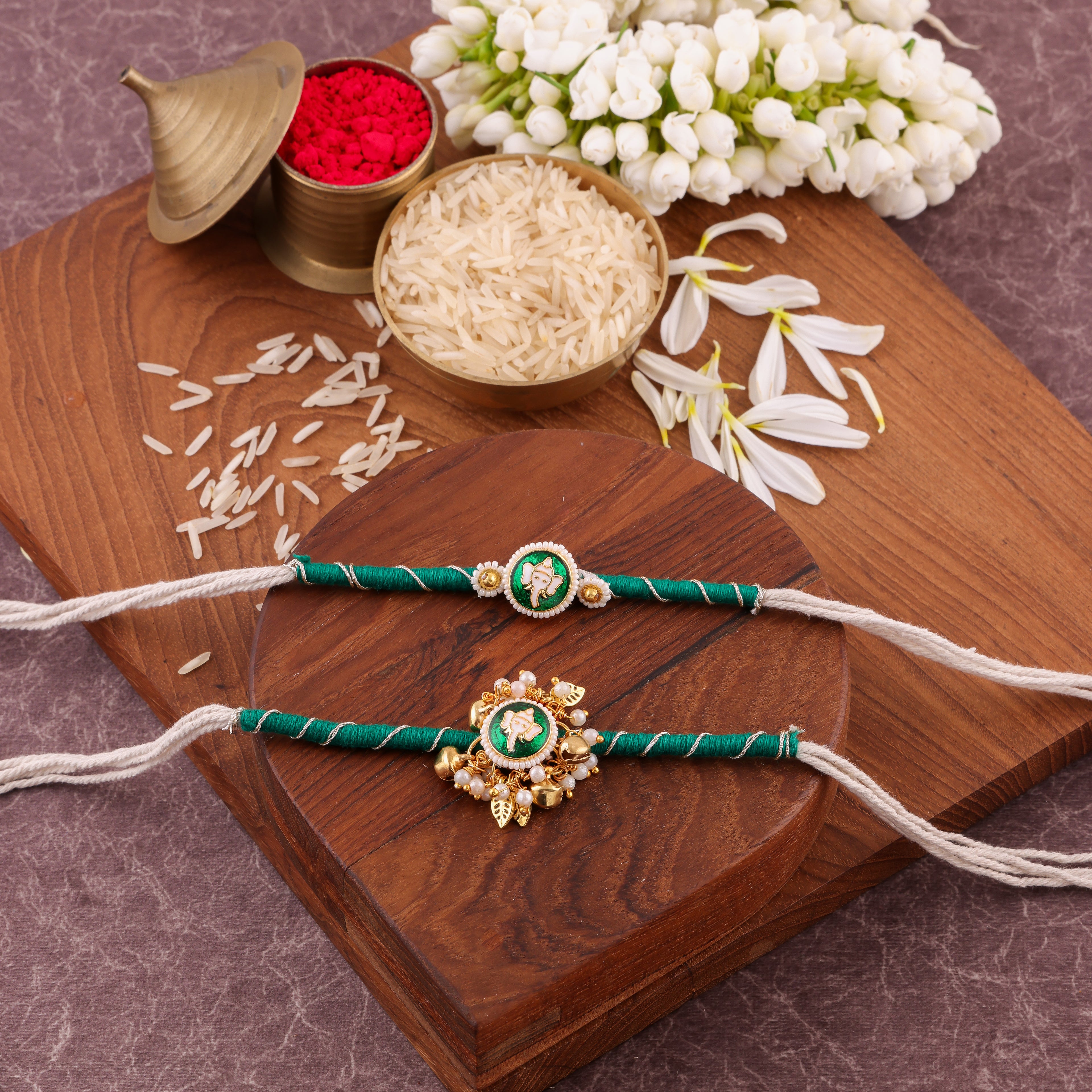 Pink Ganpati Charm Bhaiya Bhabhi Rakhi Set - Green