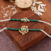 Thumbnail for Handcrafted Designer Red Kundan Bhai Bhabhi Rakhi Set zoom