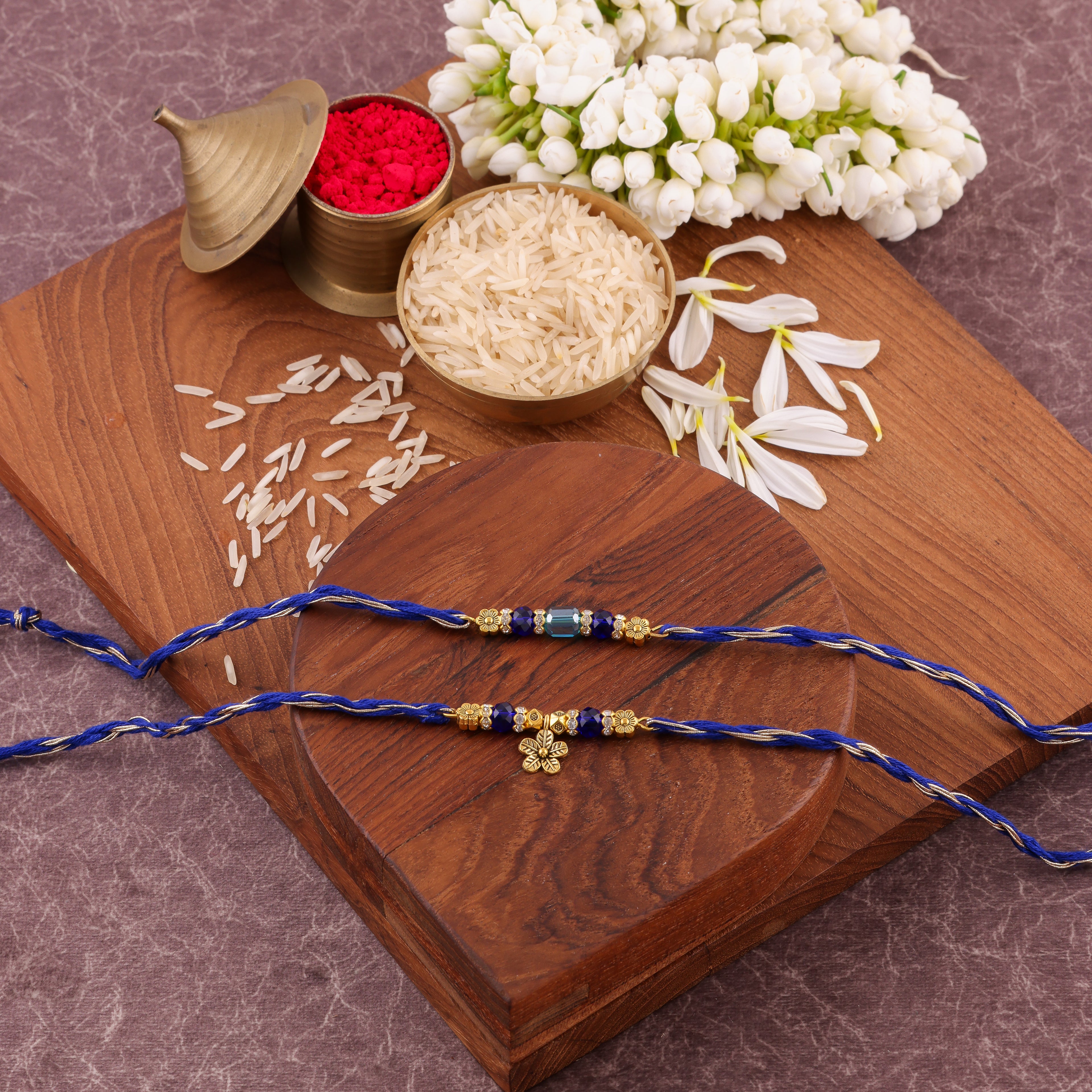 Blue Royal Blue Floral Bhaiya Bhabhi Rakhi Set - Blue