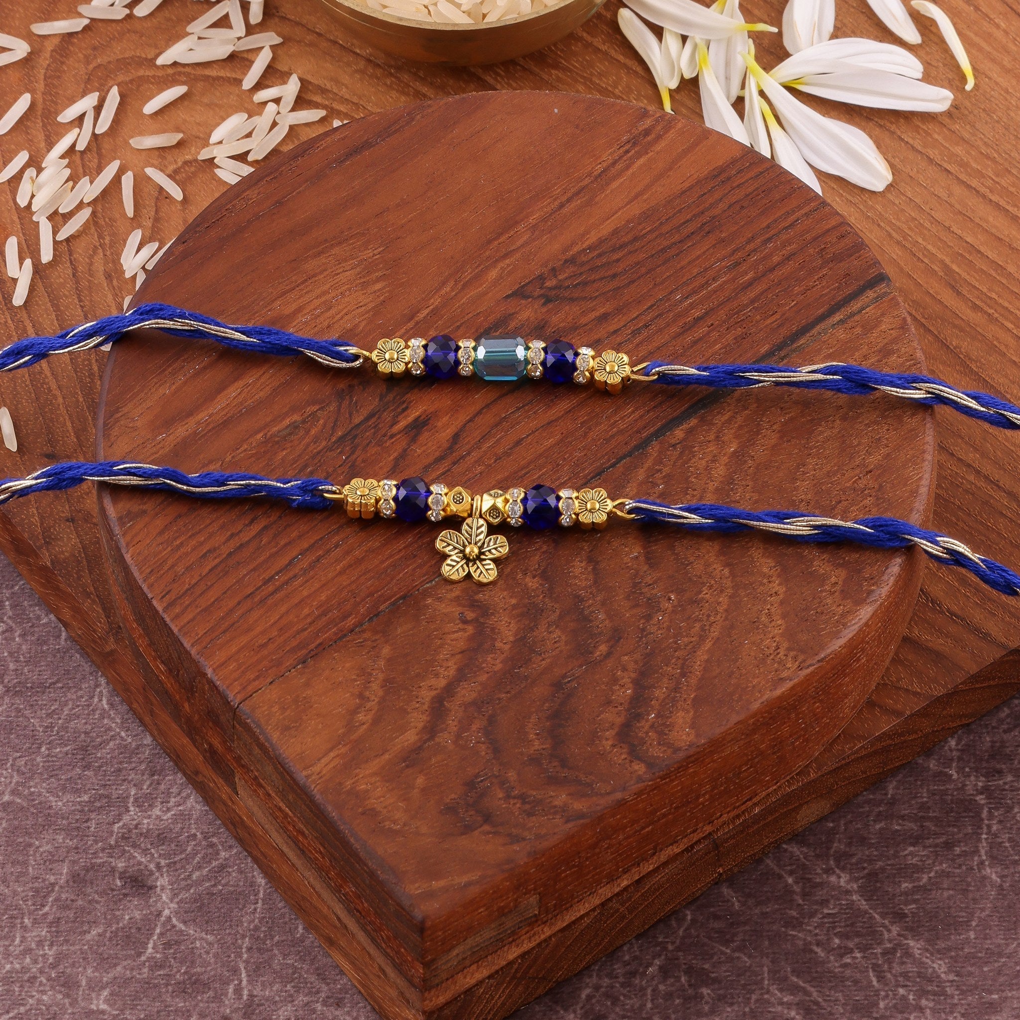 Blue Royal Floral Bhai Bhabhi Rakhi Set zoom