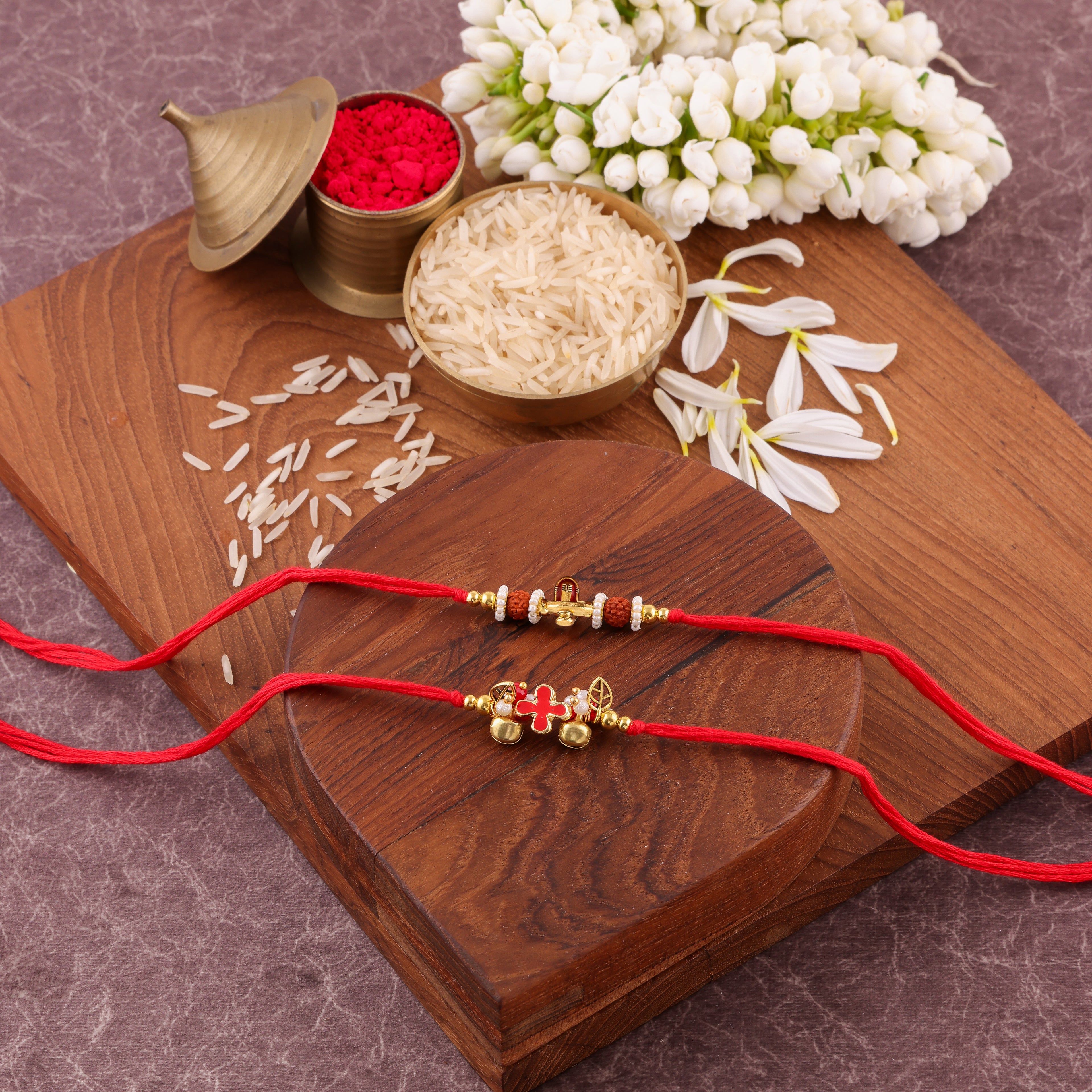 Red Beaded Charm Bhaiya Bhabhi Rakhi Set - Red