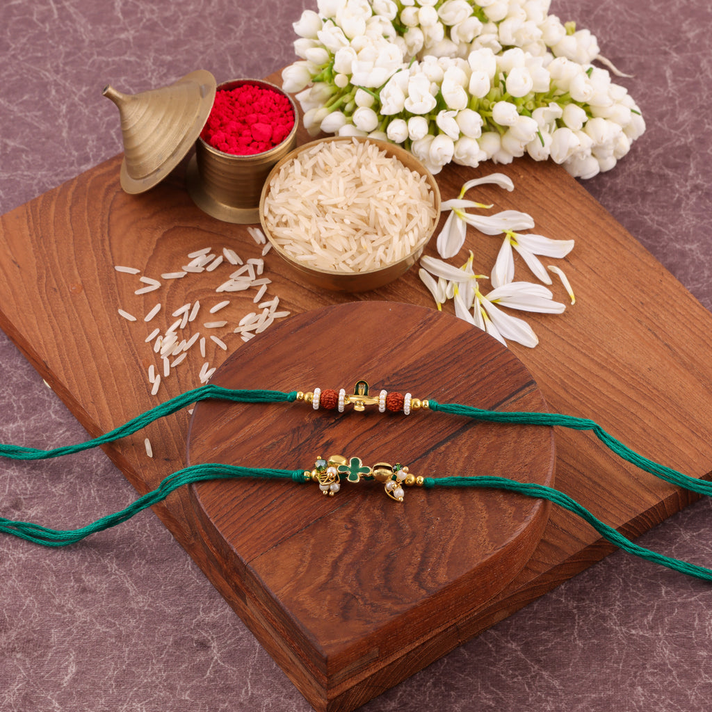 Red Beaded Charm Bhaiya Bhabhi Rakhi Set - Green