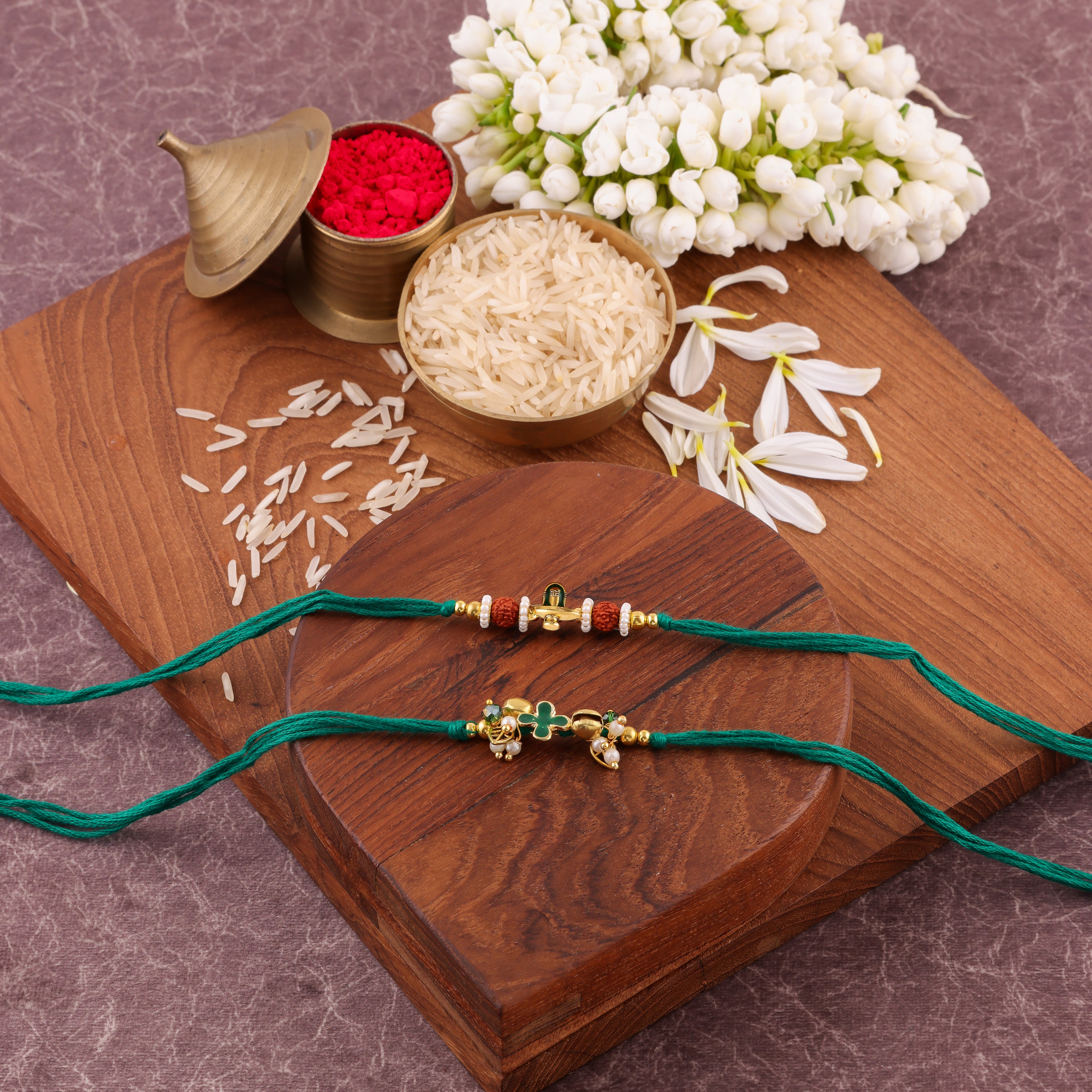 Red Beaded Charm Bhaiya Bhabhi Rakhi Set - Green