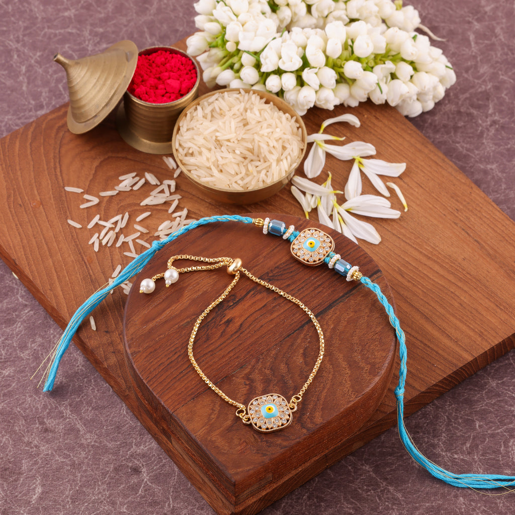 Skyblue Evil Eye Charm Bhaiya Bhabhi Rakhi Set - Skyblue