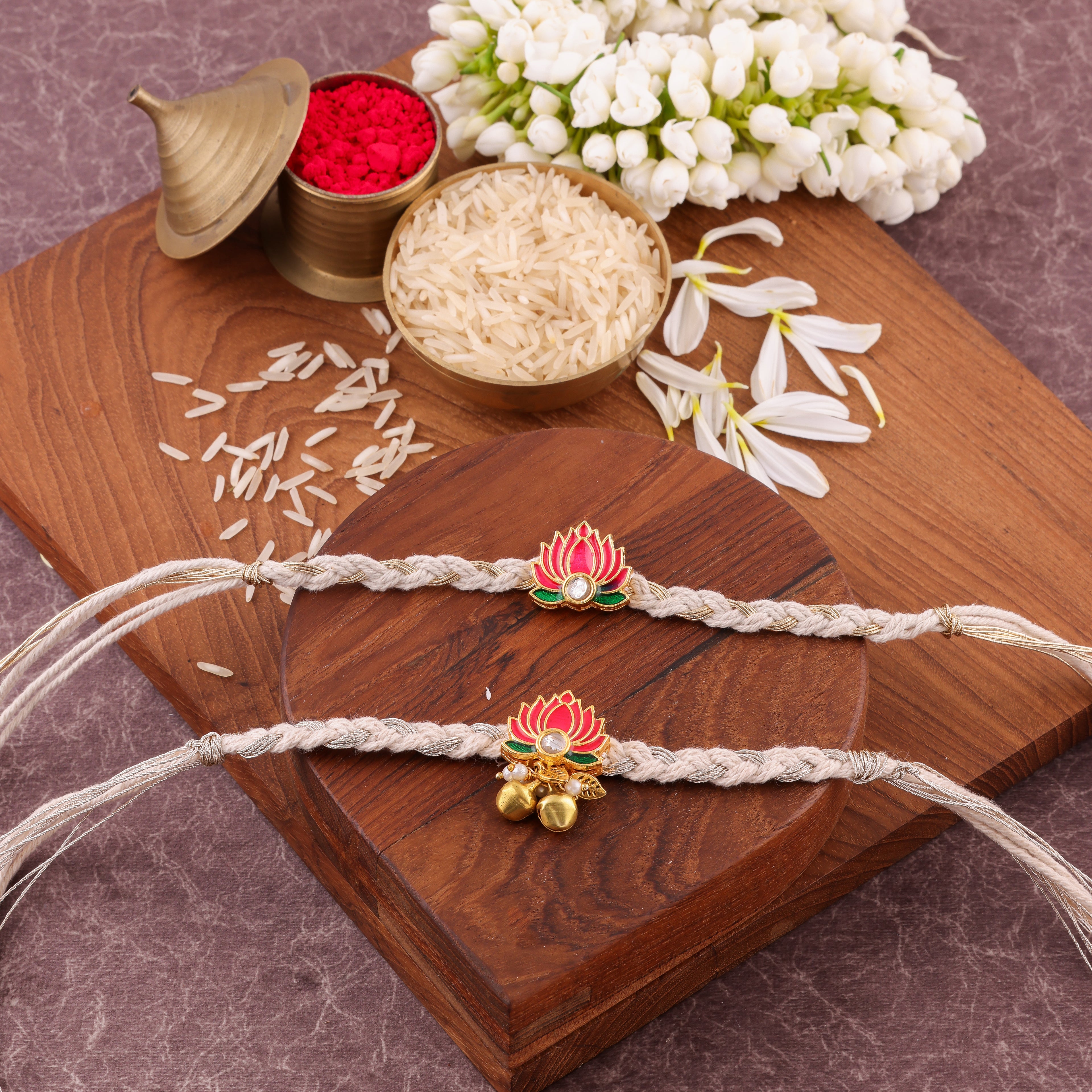 White Shubh Kamal Bhaiya Bhabhi Rakhi Set - White