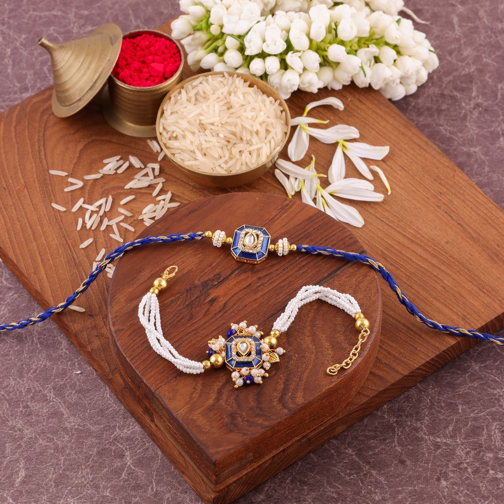 Blue Square Charm Bhaiya Bhabhi Rakhi Set - Blue