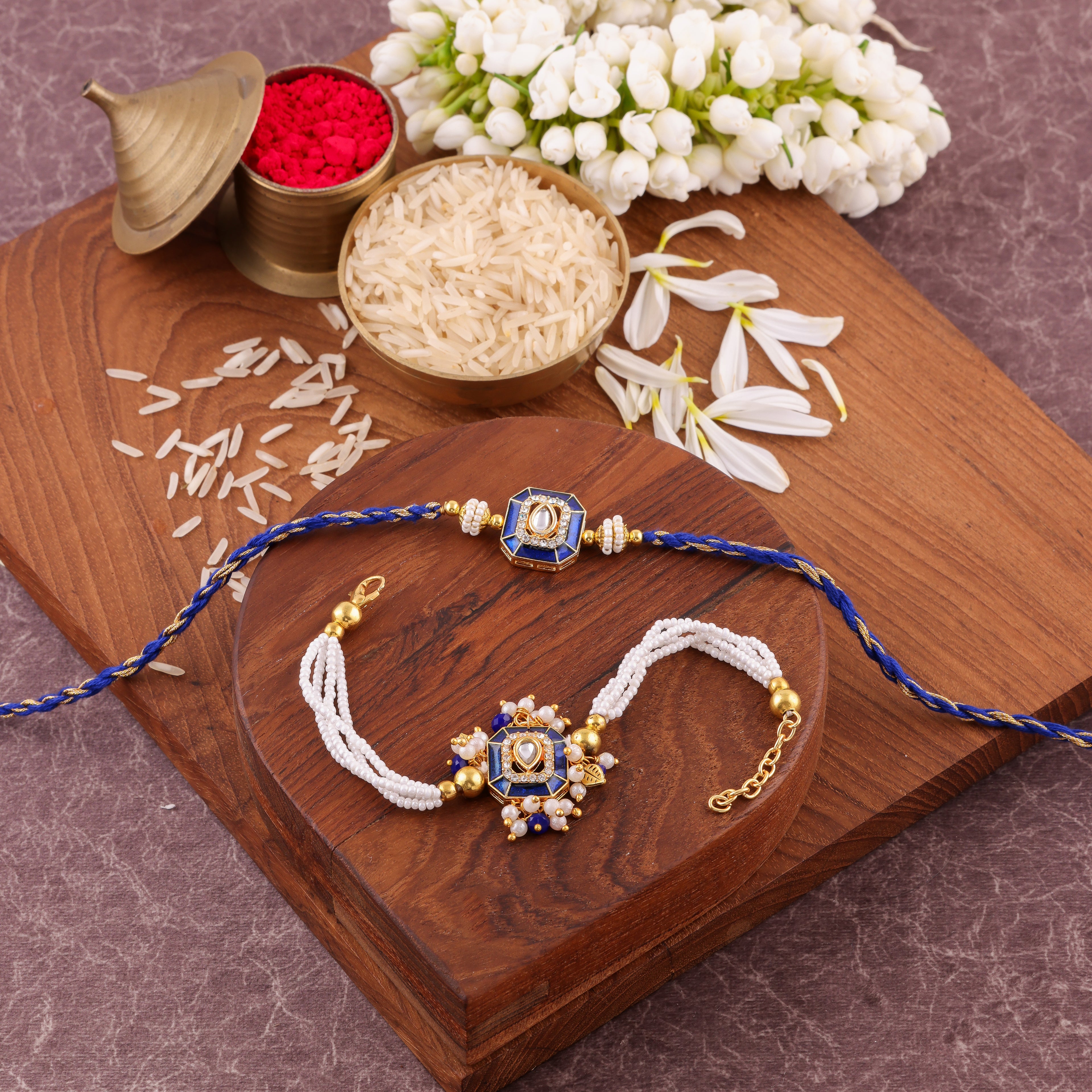 Blue Square Charm Bhaiya Bhabhi Rakhi Set - Blue