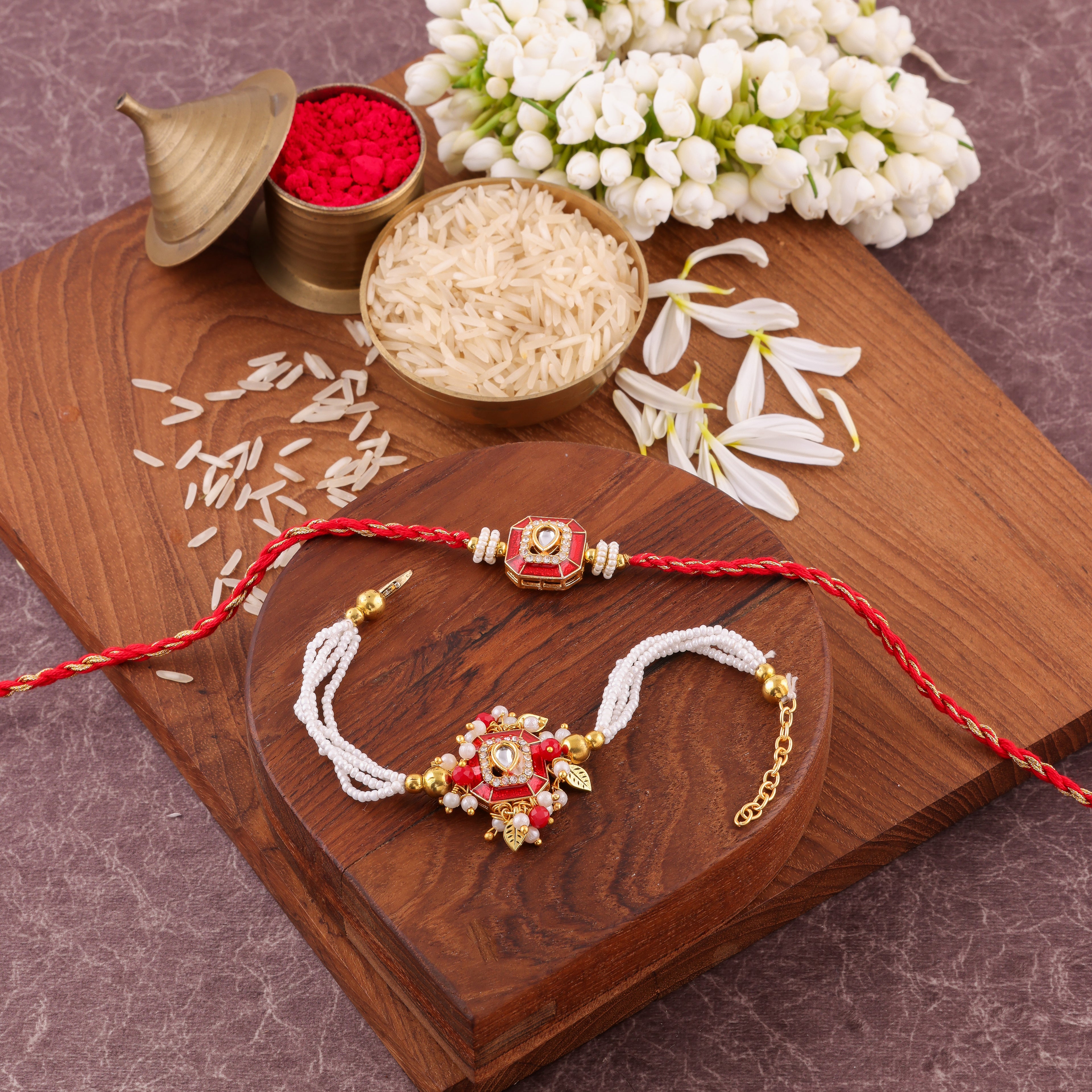 Blue Square Charm Bhaiya Bhabhi Rakhi Set - Red