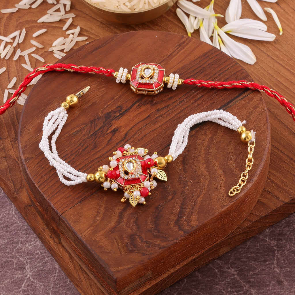 Traditional Red Meenakari Bhaiya Bhabhi Rakhi Set zoom