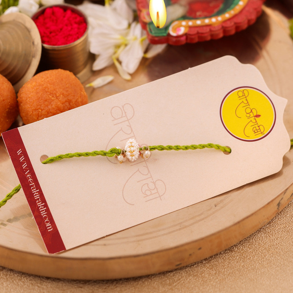 Traditional Pearl Moti Rakhi Green Resham zoom