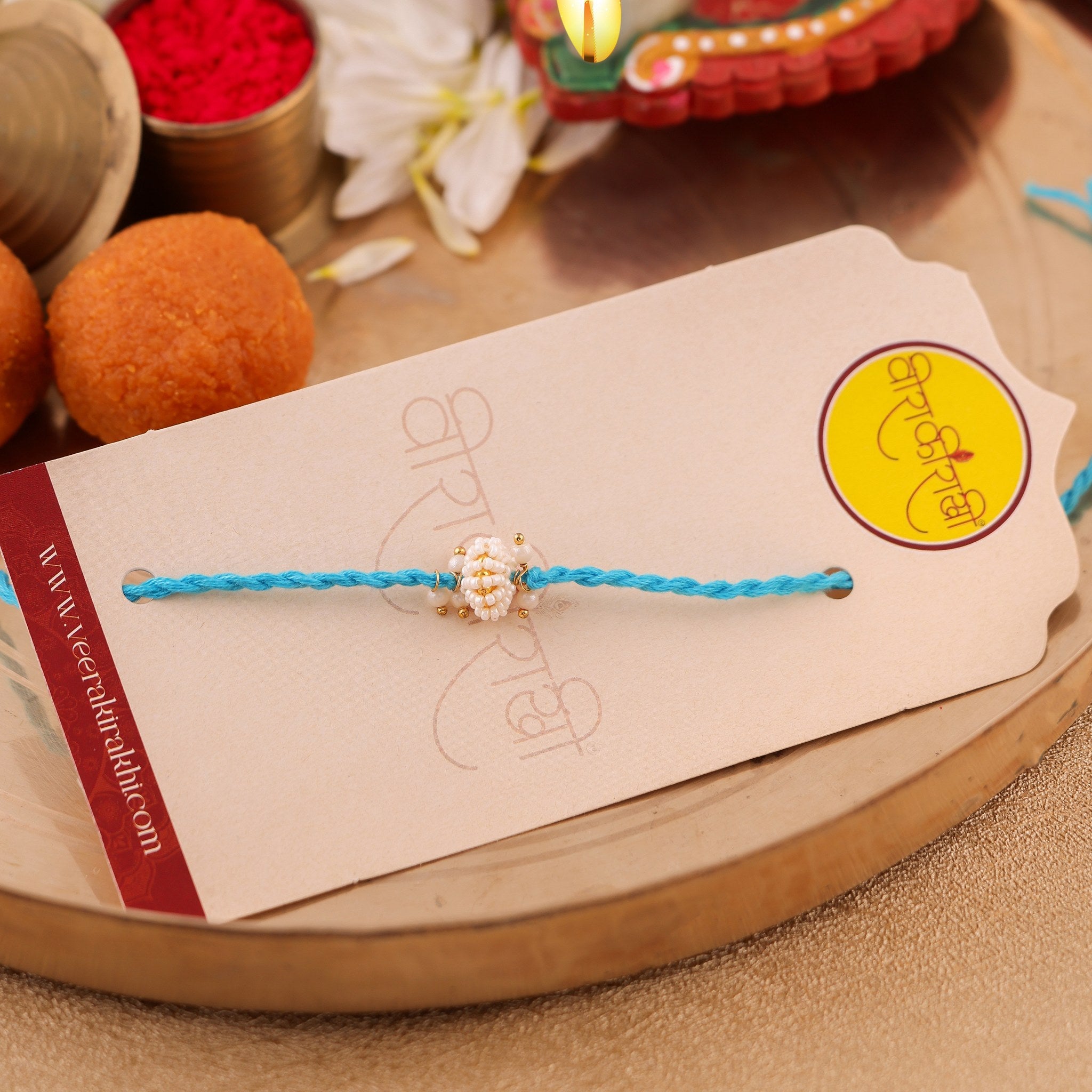 Traditional Pearl Moti Rakhi Green Resham zoom