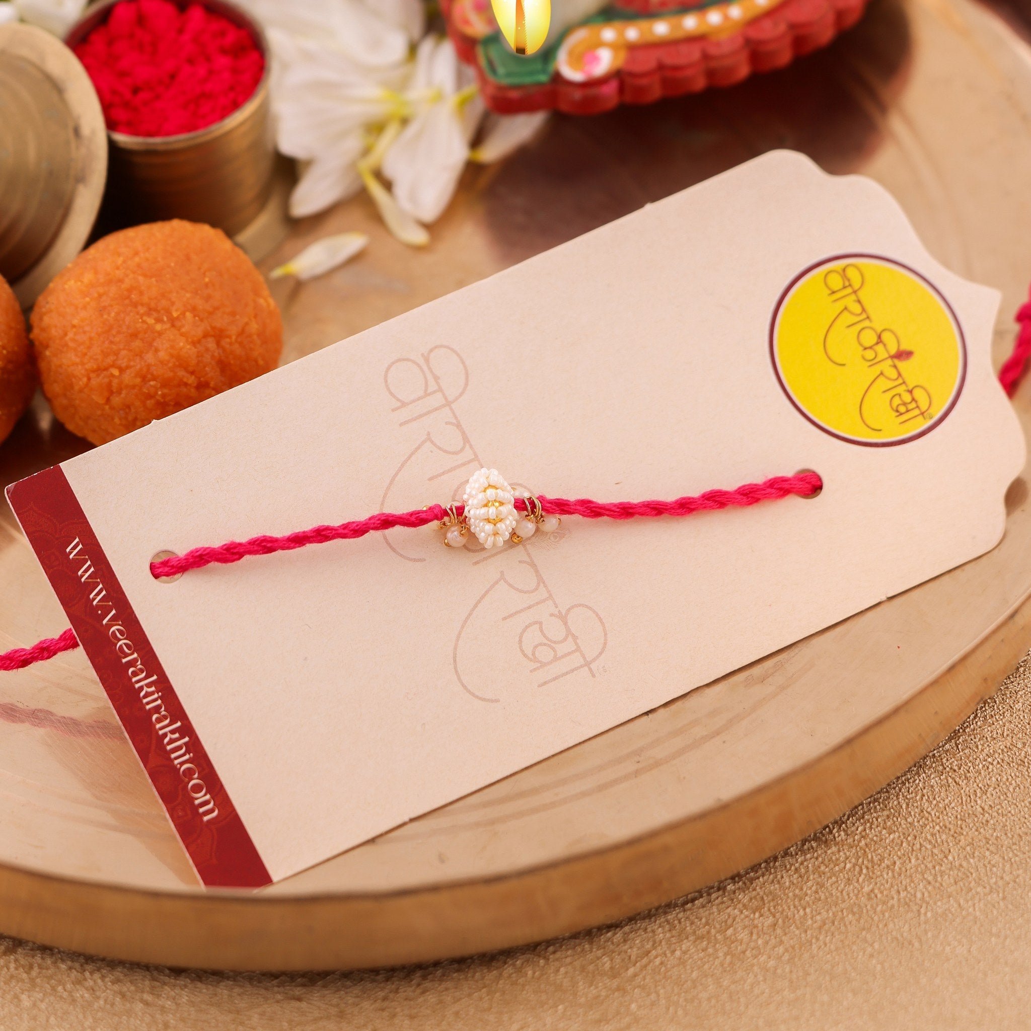 Traditional Pearl Moti Rakhi Green Resham zoom