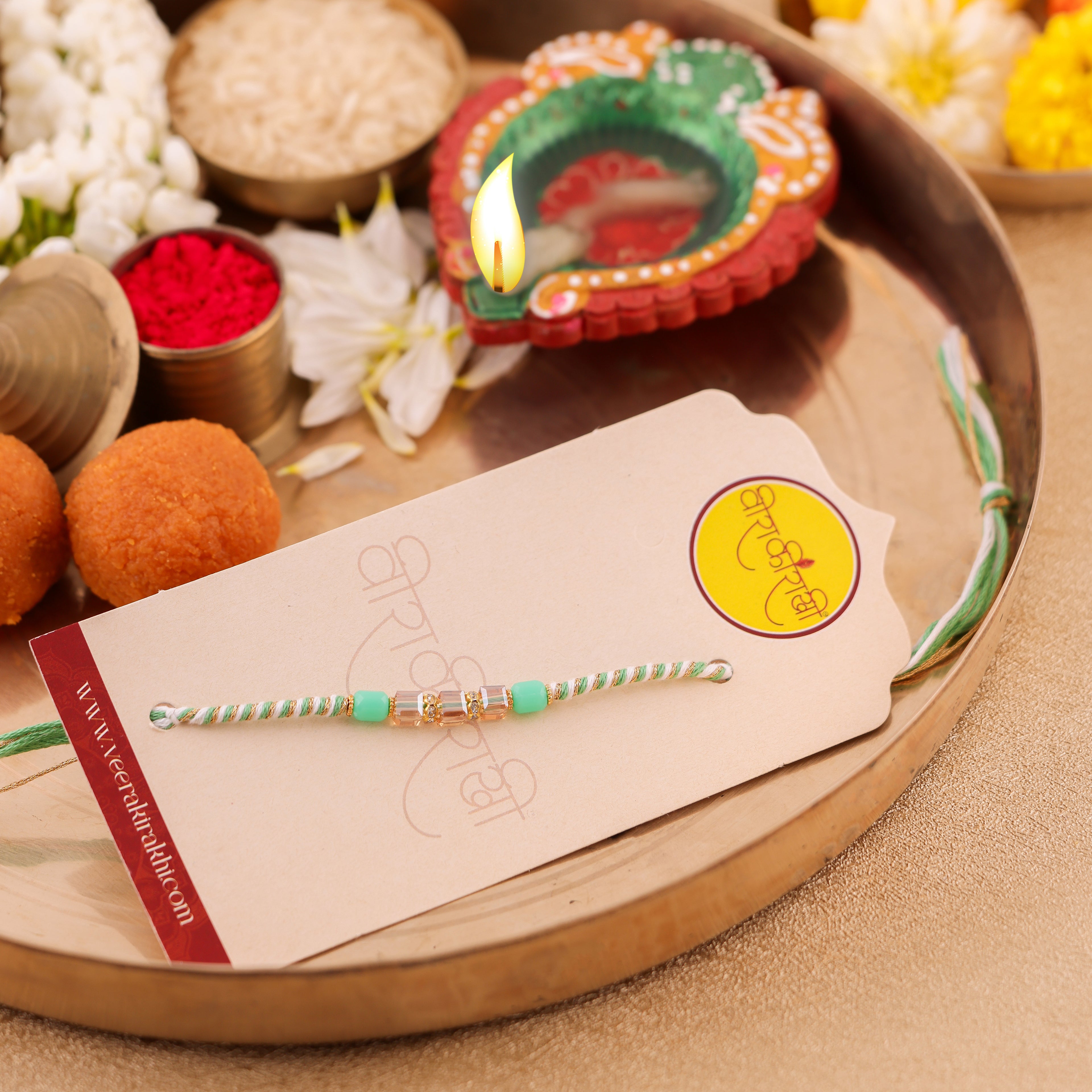 Orange Beaded Charm Rakhi - Green