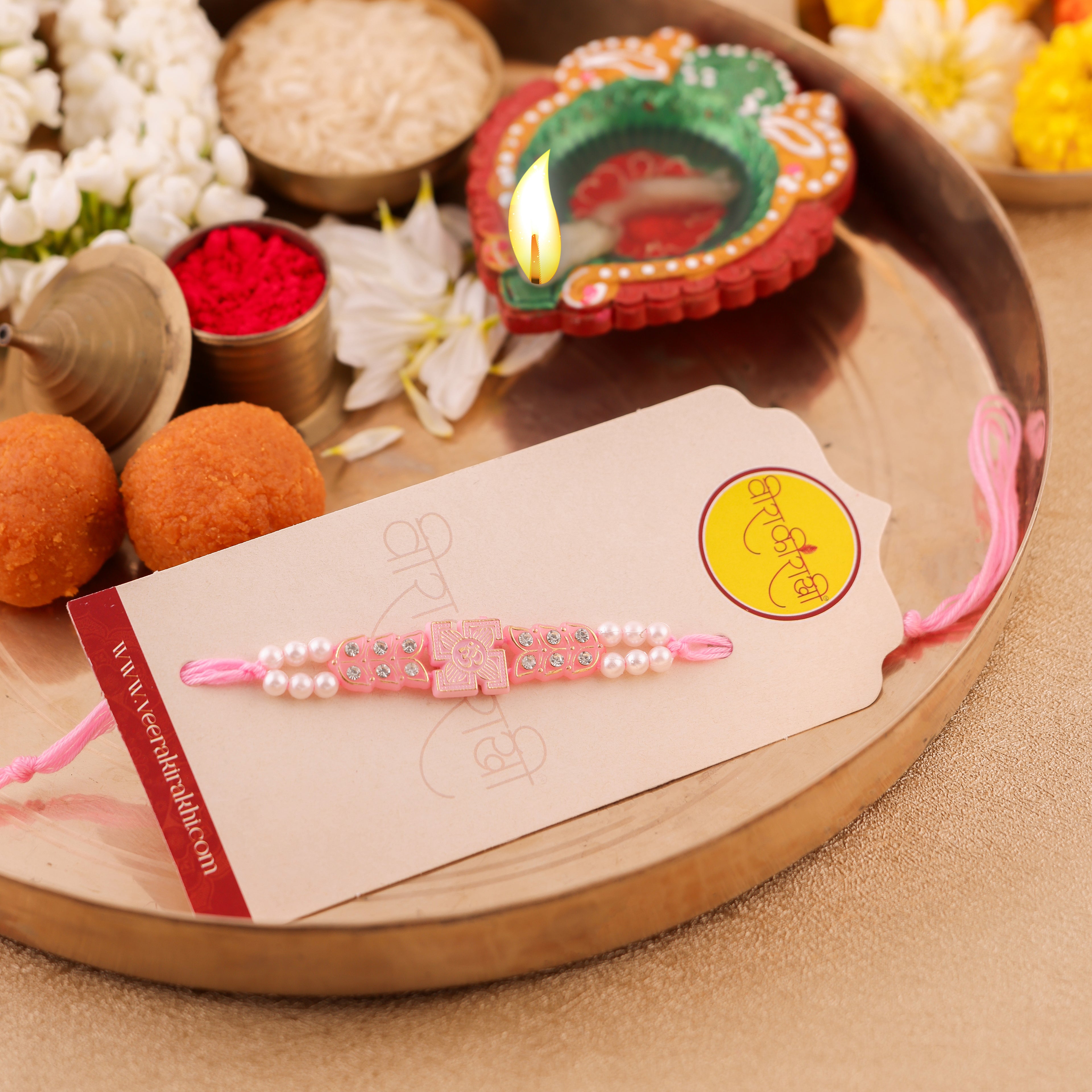 Orange Beaded Charm Rakhi - Pink