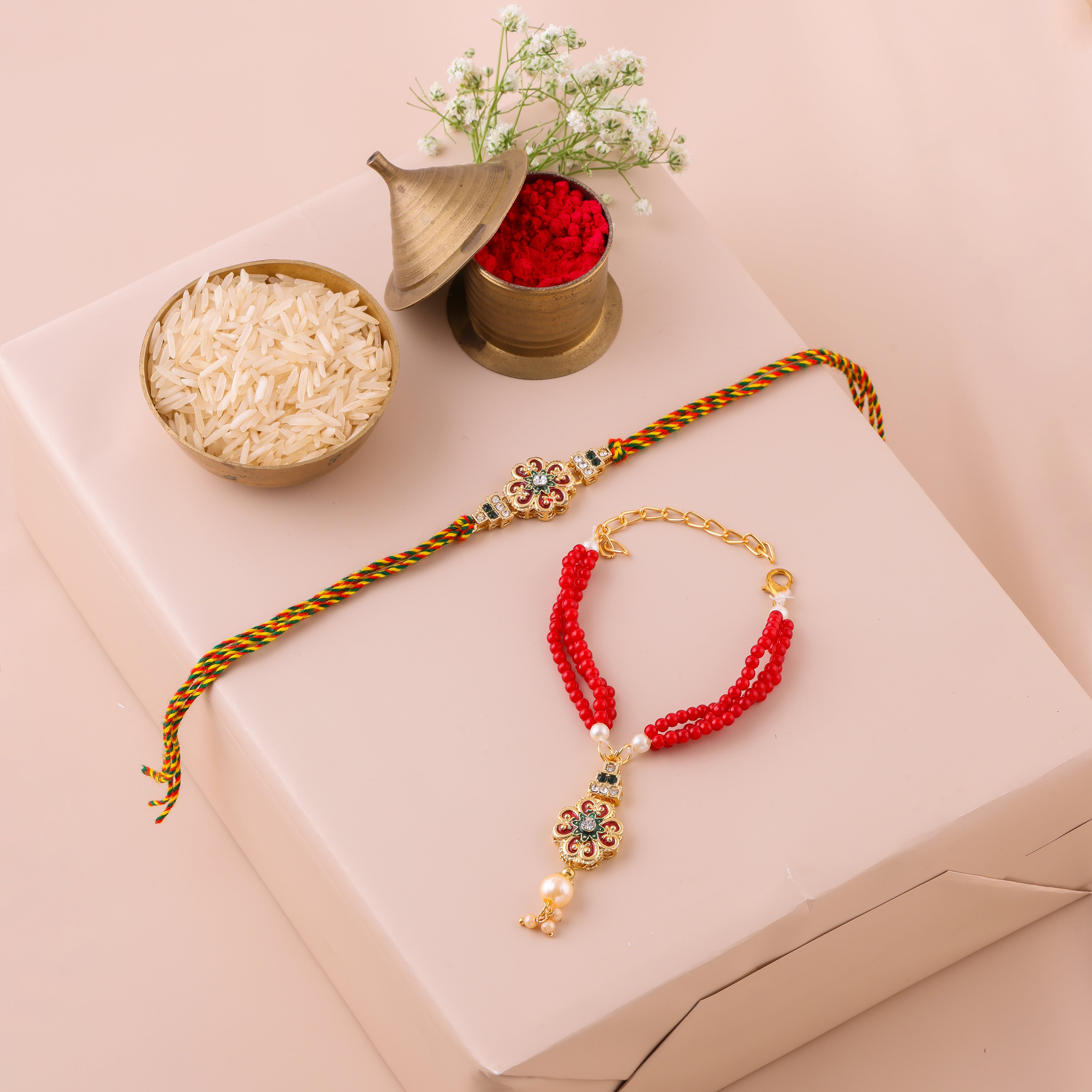 Red Red Beaded Lumba Rakhi Set - Red