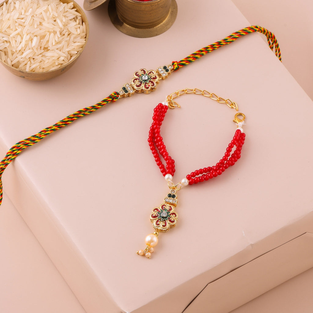 Crimson Red Beaded Bhai Bhabhi Lumba Set zoom