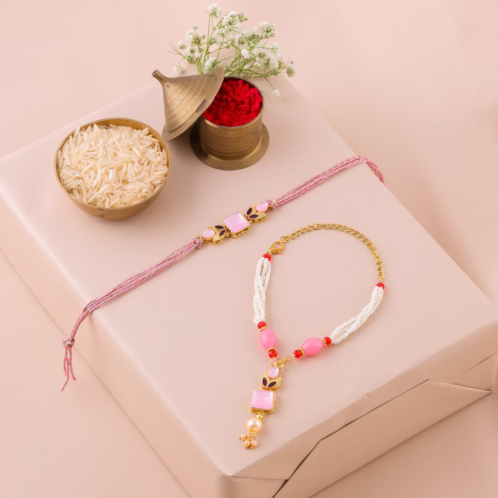 Skyblue Pastel Bead Lumba Rakhi Set - Pink