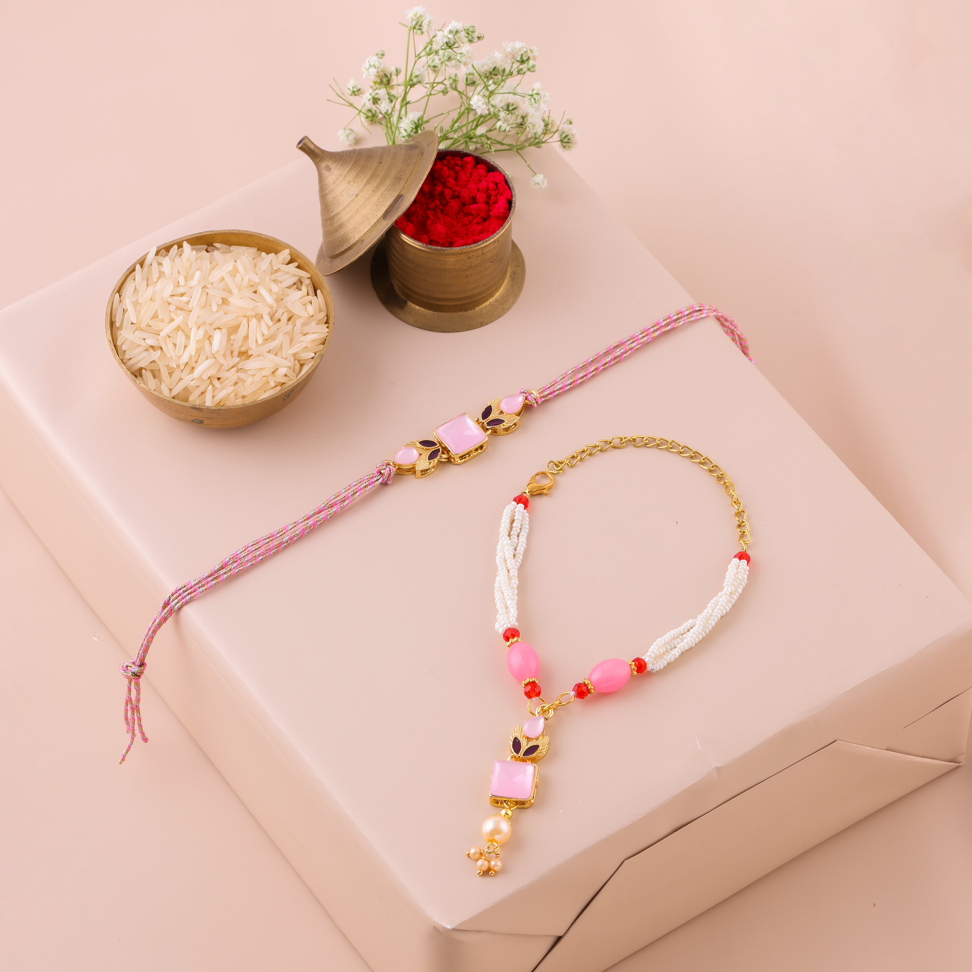 Skyblue Pastel Bead Lumba Rakhi Set - Pink