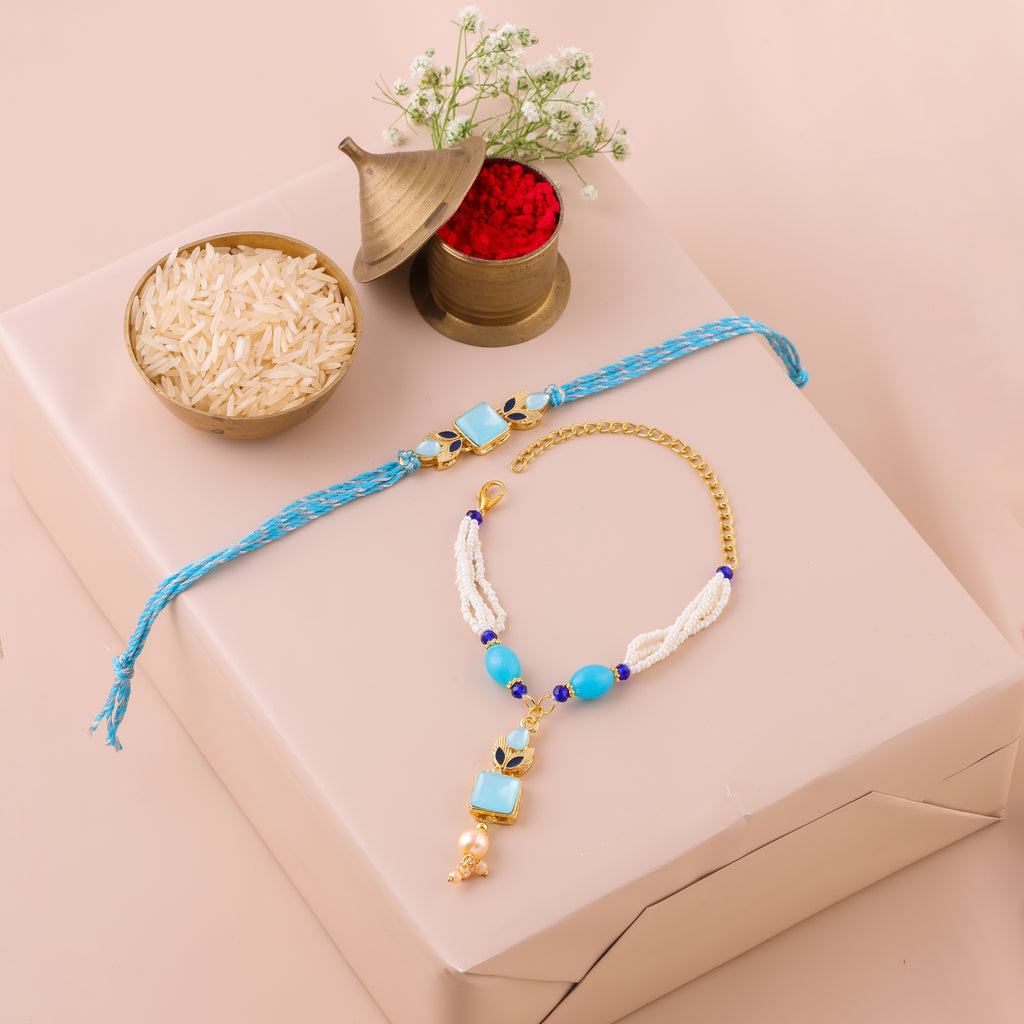 Skyblue Pastel Bead Lumba Rakhi Set - Blue