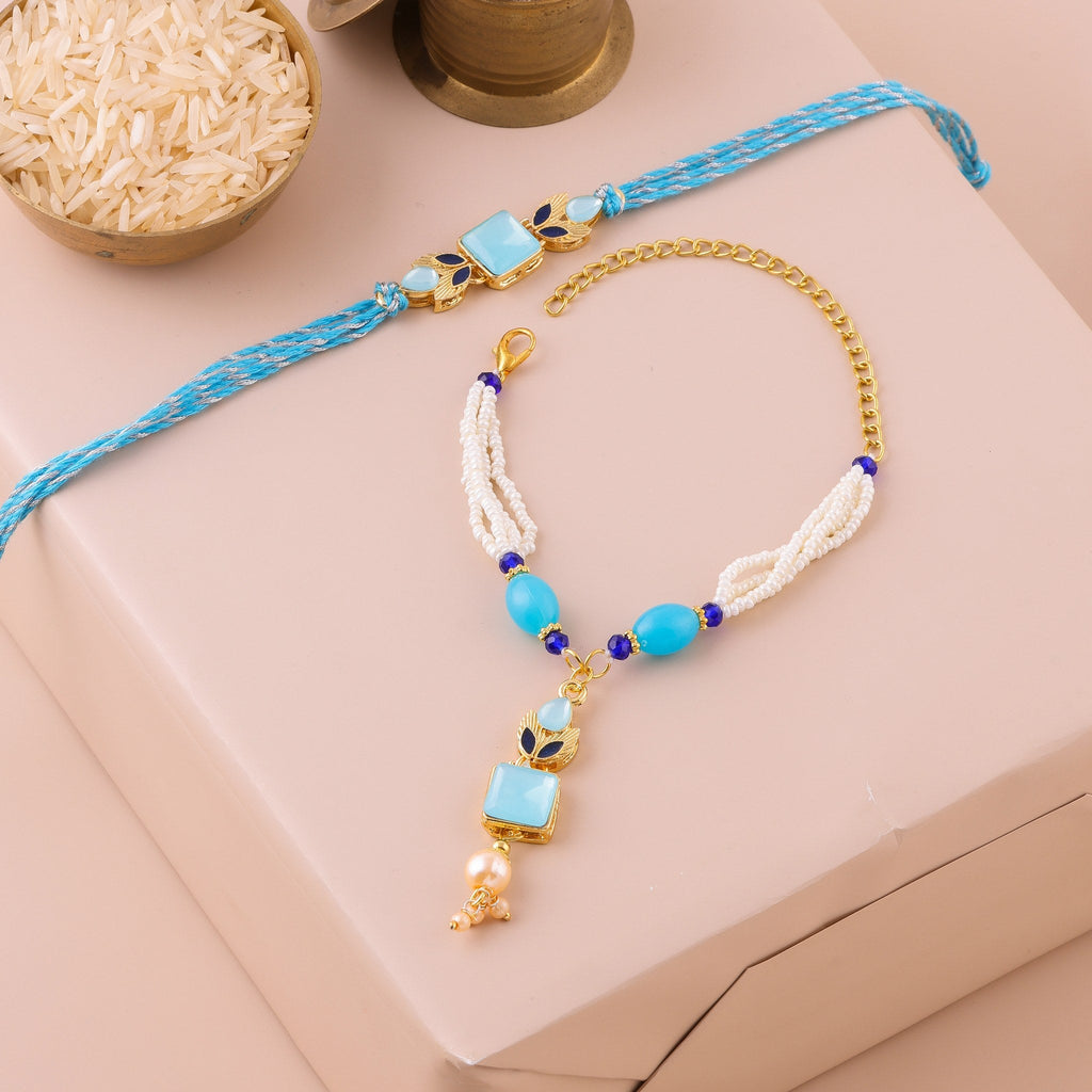 Skyblue Pastel Bead Lumba Rakhi Set zoom