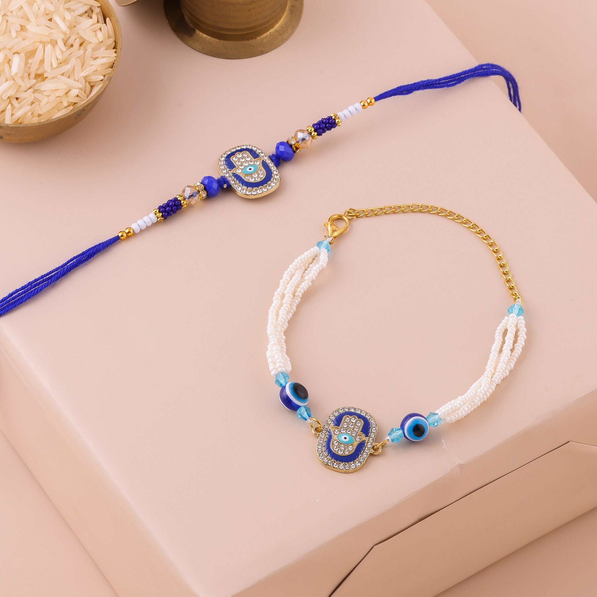 Royal Blue Evil Eye Bhai Bhabhi Rakhi Set Pearl Lumba zoom