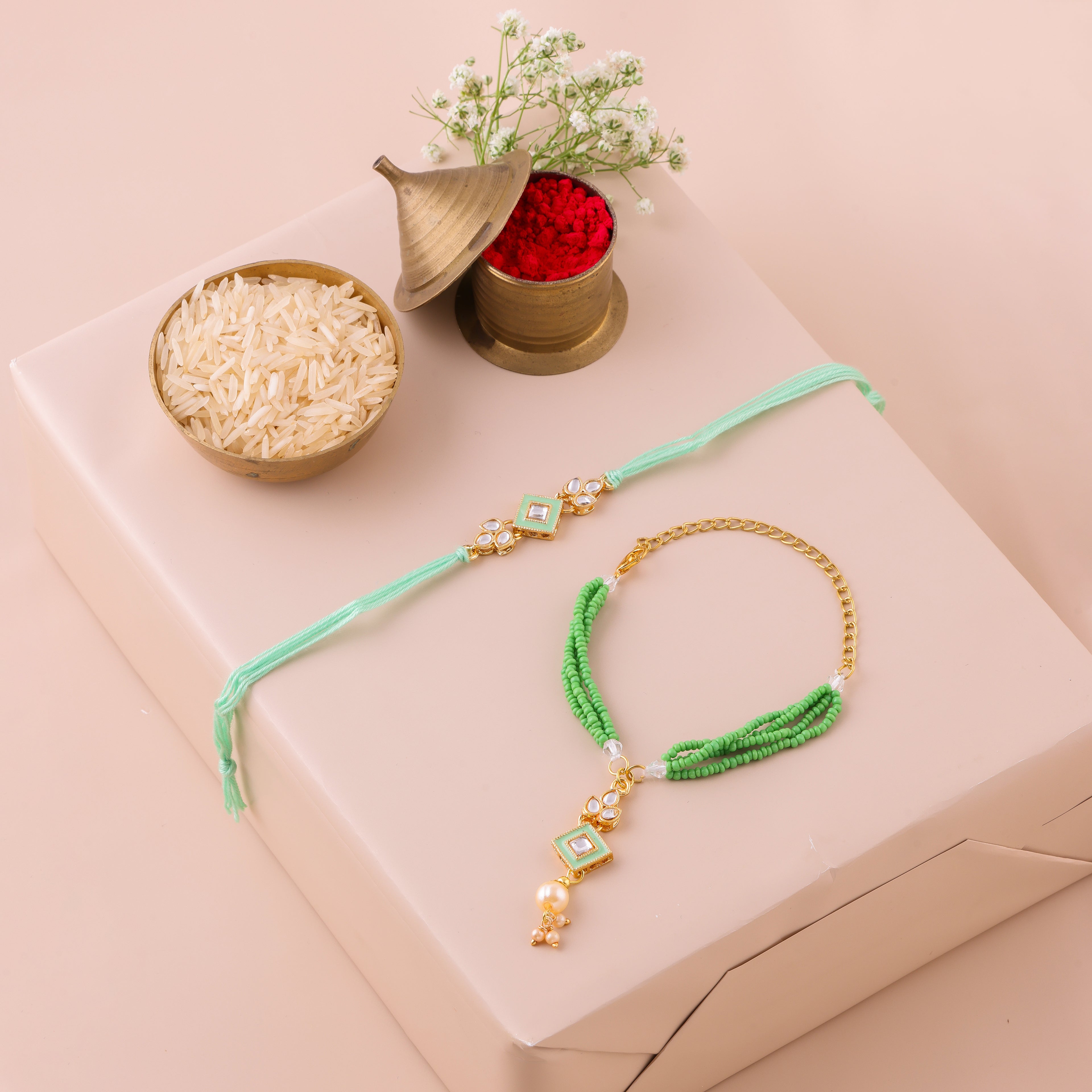 Green Beaded Charm Lumba Rakhi Set - Green