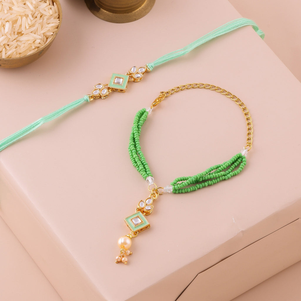 Turquoise Bhai Bhabhi Lumba Rakhi Set zoom
