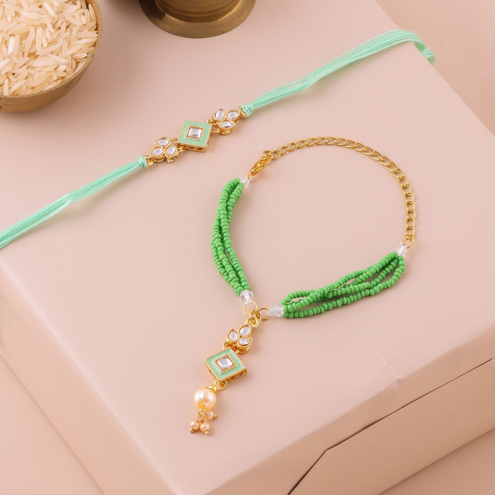 Turquoise Bhai Bhabhi Lumba Rakhi Set zoom