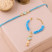 Thumbnail for Turquoise Bhai Bhabhi Lumba Rakhi Set zoom