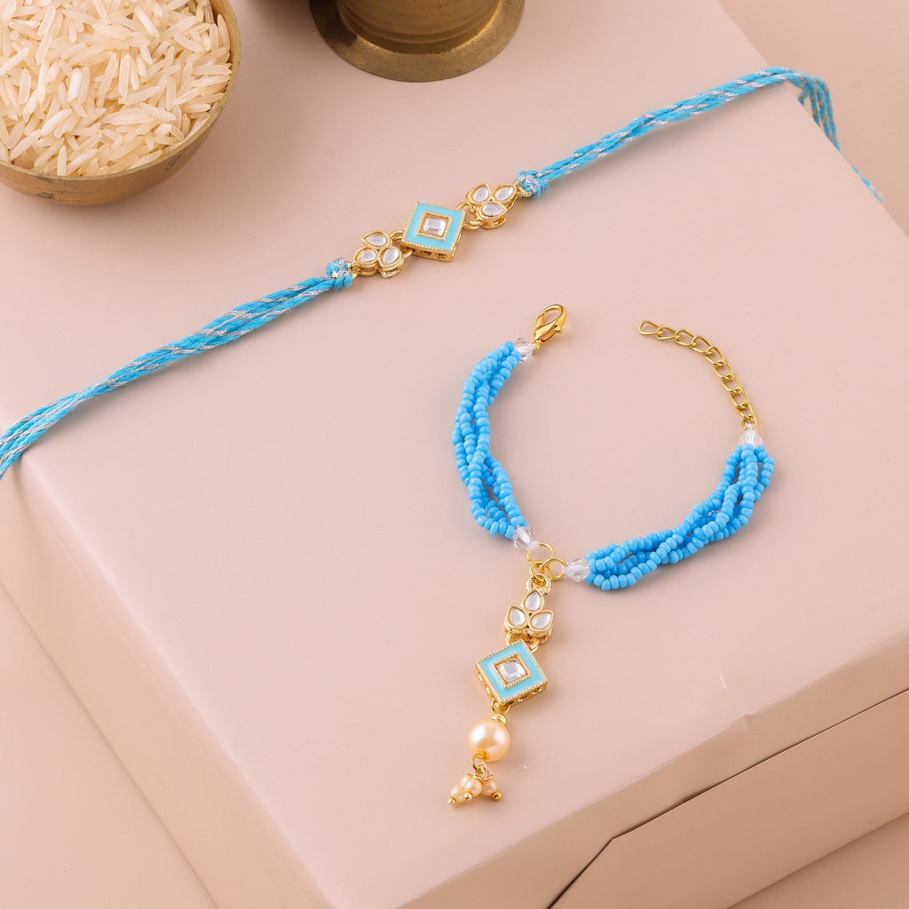 Turquoise Bhai Bhabhi Lumba Rakhi Set zoom