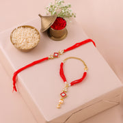 Thumbnail for Green Beaded Charm Lumba Rakhi Set - Red