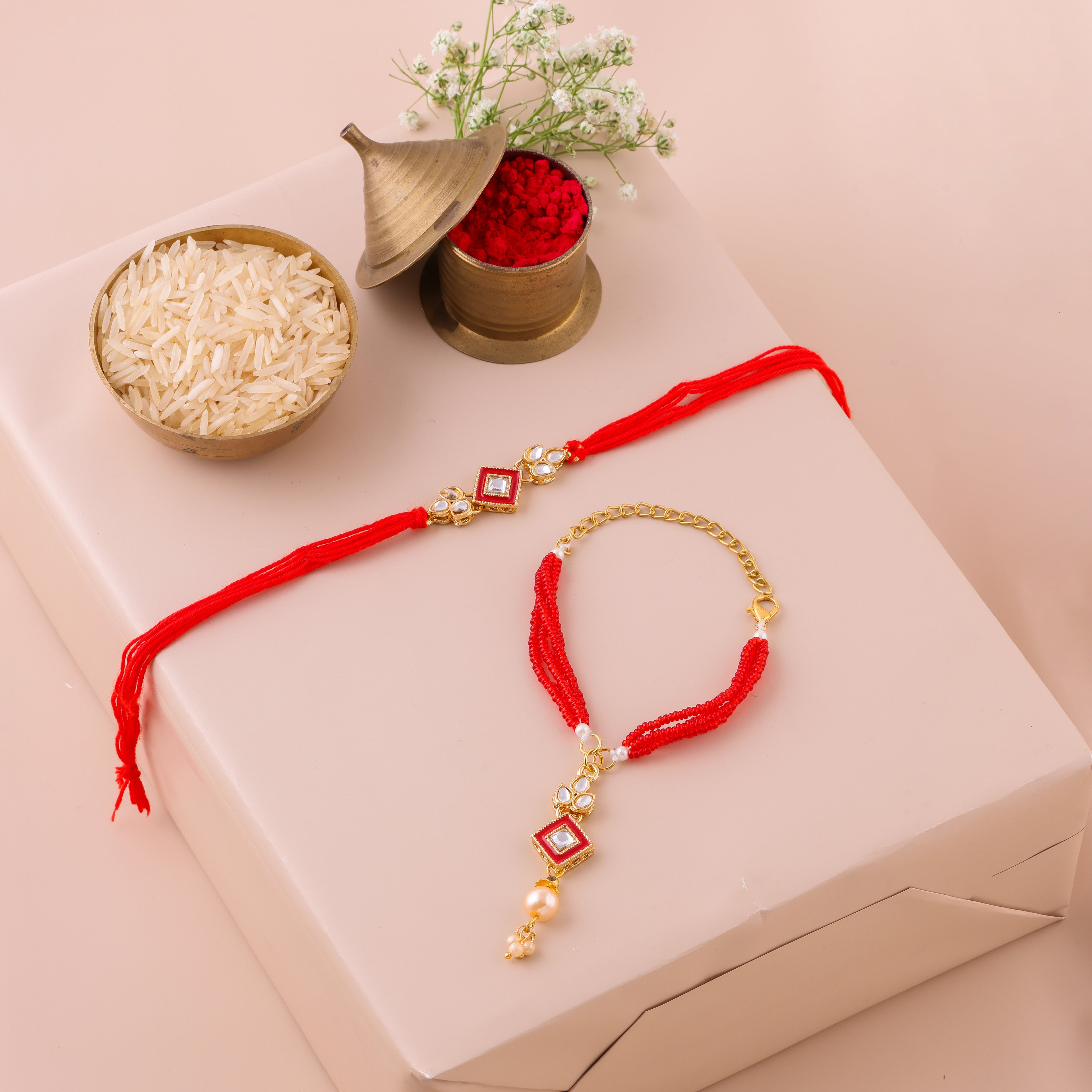 Green Beaded Charm Lumba Rakhi Set - Red