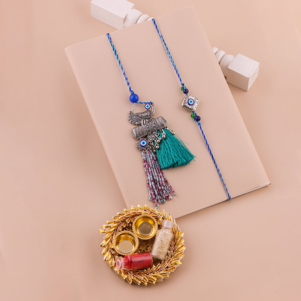 Blue Peacock Tassel Lumba Rakhi Set - Blue