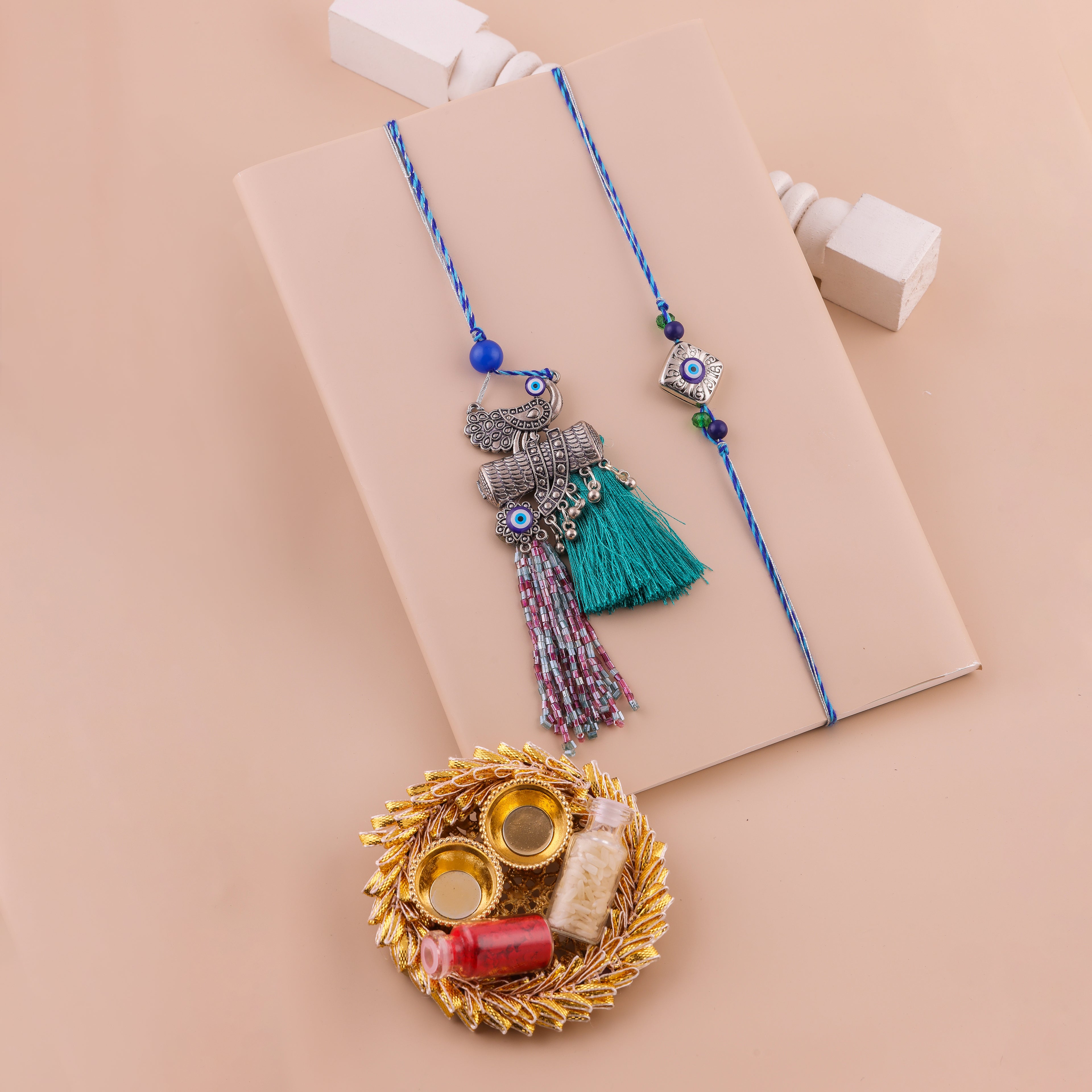 Blue Peacock Tassel Lumba Rakhi Set - Blue