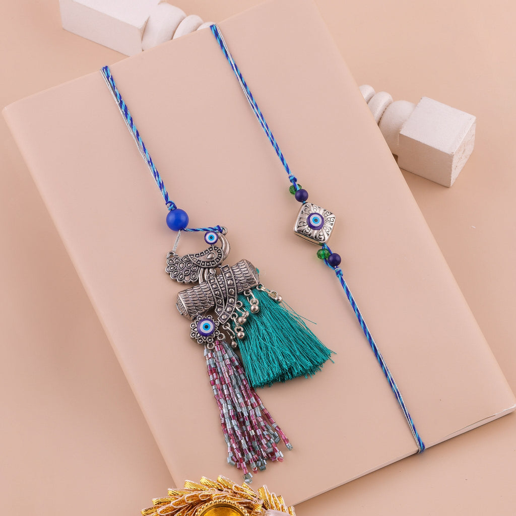 Blue Peacock Tassel Lumba Rakhi Set zoom
