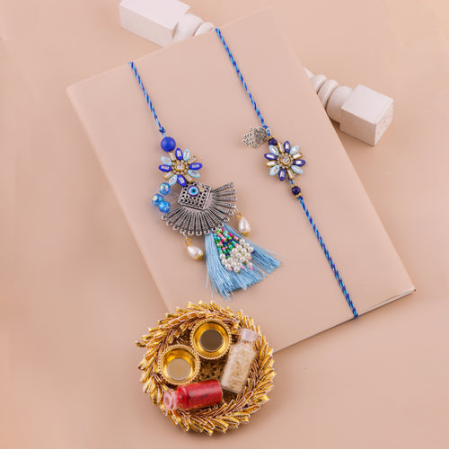 Blue Floral Tassel Lumba Rakhi Set - Blue