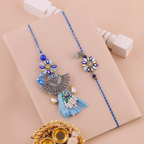 Blue Floral Tassel Lumba Rakhi Set zoom