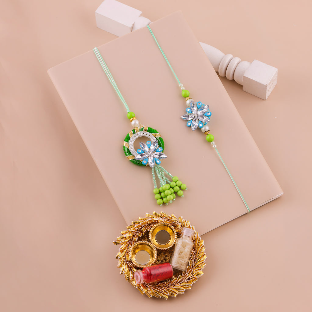 Red Floral Charm Lumba Rakhi Set - Green