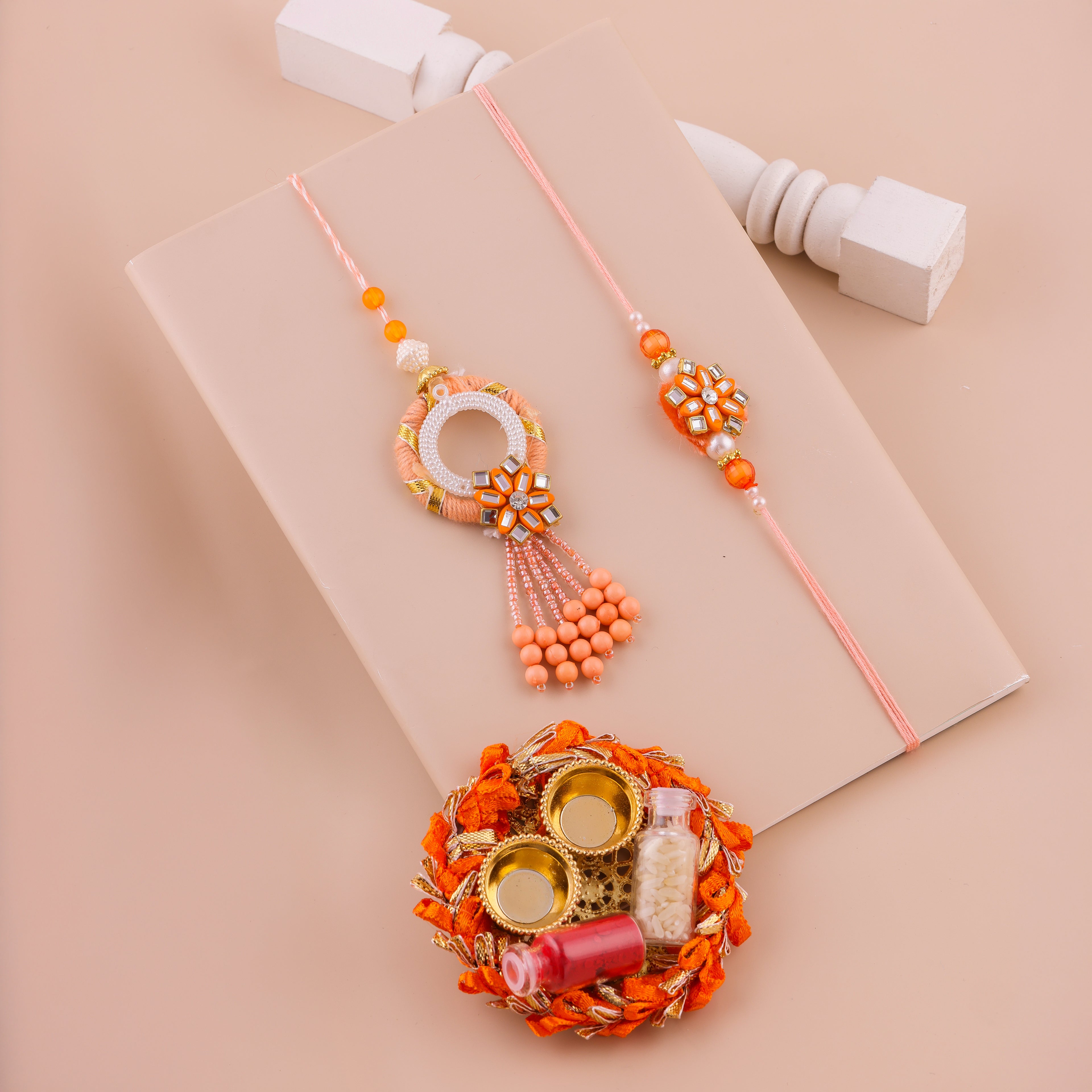 Red Floral Charm Lumba Rakhi Set - Orange